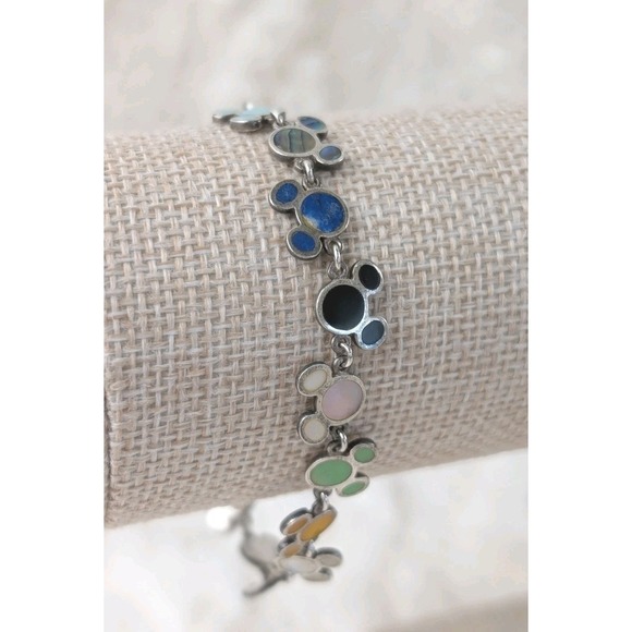 Disney Parks Sterling Silver 925 Hidden Mickey Multi Stone Link Bracelet Retired - Picture 6 of 8